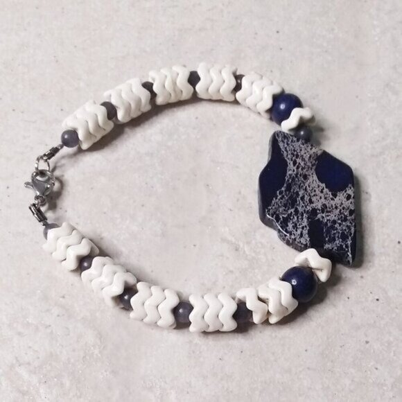 Color Contrasts! Navy Blue Sea Sediment Jasper + Lapis + Natural Howlite Wavers - Picture 5 of 8